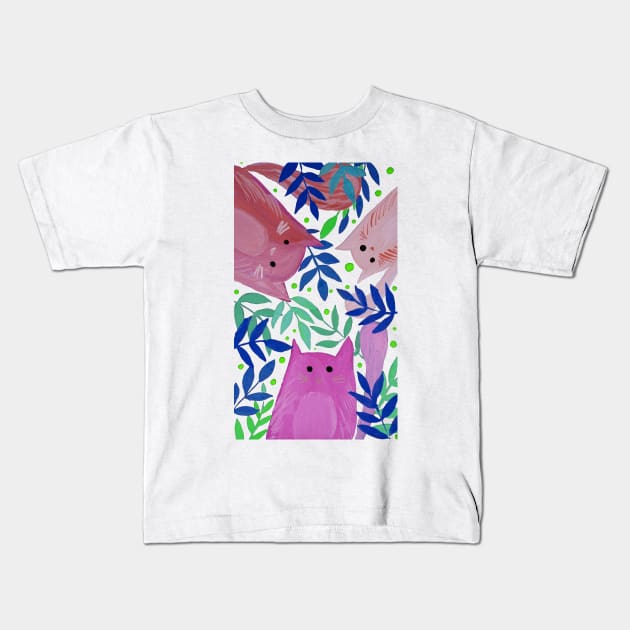 Cats and branches - blue and pink Kids T-Shirt by wackapacka